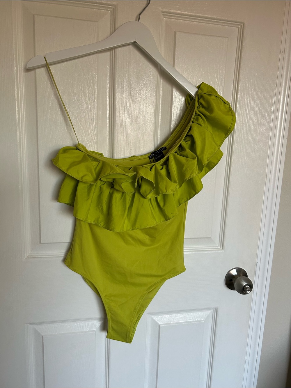 Zara Chartreuse One-Shoulder Ruffle Swim Suit